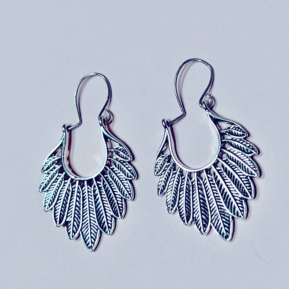 Silver feather hoop earrings